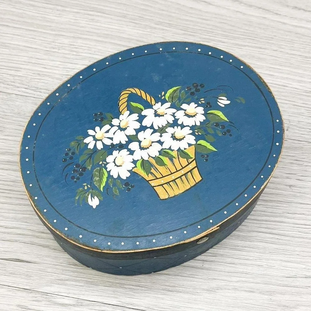 Vintage‎ Blue Floral Trinket Box - Hand Painted Wooden Jewelry Box